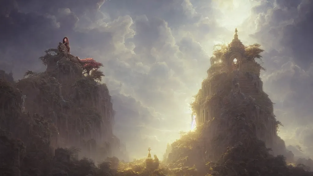 Image similar to the all - beneficent settled on the throne, rossdraws art, tom bagshaw art, ferdinand knab art, heaven lighting, highly detailed, 8 k, octane render