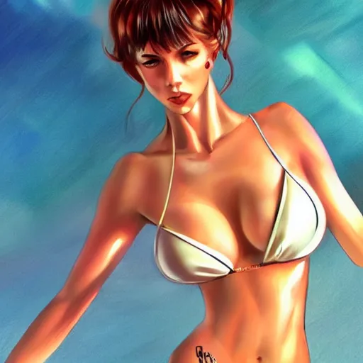 Prompt: beautiful joi from blade runner in a bikini on the beach drawn by artgerm