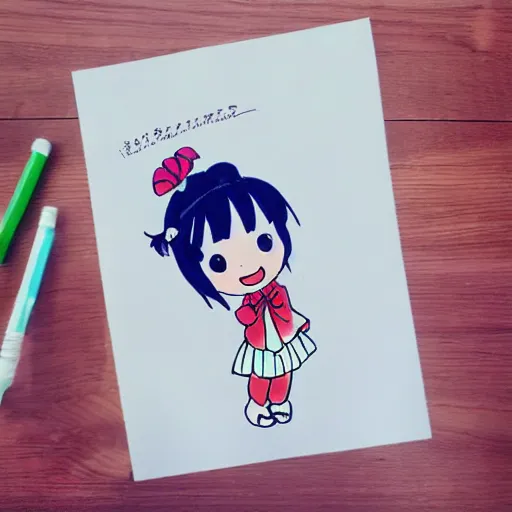 Image similar to a perfect professional sketch of a funny and cute Japanese schoolgirl, by ink pen with a few colored pens, in style of Disney Pixar, CalArts, on high quality paper