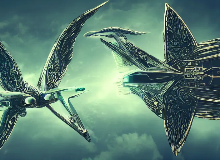 Prompt: concept art of an angelic modern jet plane with ornate birdlike wings with art deco patterns flying over an elven city, cyberpunk, high fantasy