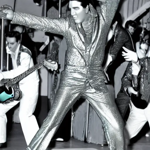 Prompt: black and white photograph of elvis dancing surrounded by teal aliens