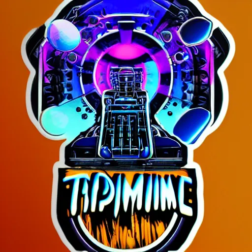 Image similar to sticker of a rock band, name is tripmachine, on the sticker is a 3 d render of a huge futuristic steampunk generator, 8 k, fluorescent colors, halluzinogenic, multicolored, exaggerated detailed, silk screen art