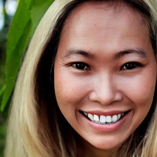 Image similar to a Dutch girl with far away Indonesian roots in her late 20s with blond hair, dark eyes and a friendly smile with a small gap between her teeth, realistic studio photo