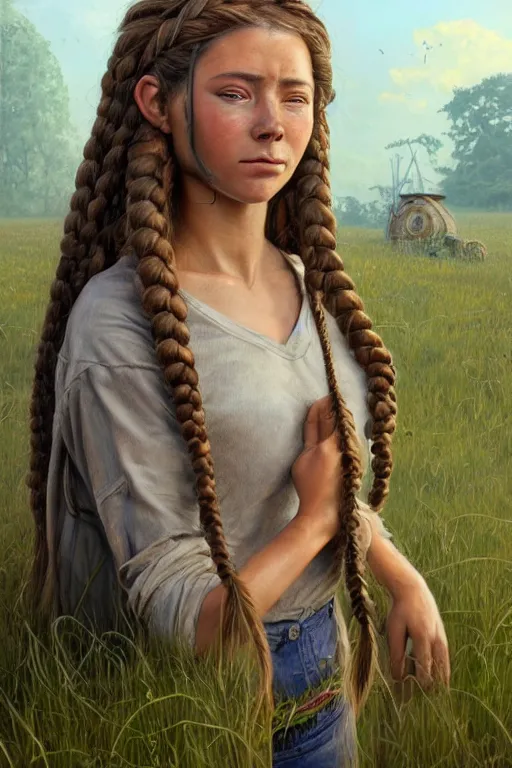 Prompt: concept art by ricardo federeci of a beautiful young farmer with long brown braided hair designed by h. r. giger, pixar and studio ghibli, scifi, detailed and intricate environment, in a farm, book cover, highly detailed portrait, digital painting, artstation, concept art, smooth, sharp focus illustration, artstation hq