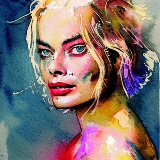 Prompt: Beautiful detailed watercolor medium shot of Margot Robbie by Bill Sienkiewicz, trending on pinterest