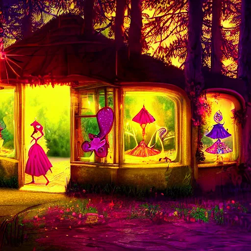 Prompt: fairy princess clothing store in a woodland grove, neon wings cute colorful pretty artistic girly avant garde 4 k artstation trending dramatic lighting high frequency noise