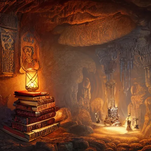 Prompt: epic view of an ancient dark byzantine cave interior, ornate oil lamp on a pile of crystals, books covered in jewels, ornate, surrounded by strange statues and treasure, full of sand and glitter, hyper real, Indiana Jones, Tomb Raider, trending on artstation, concept art, cinematic, jewels, by Jordan Grimmer