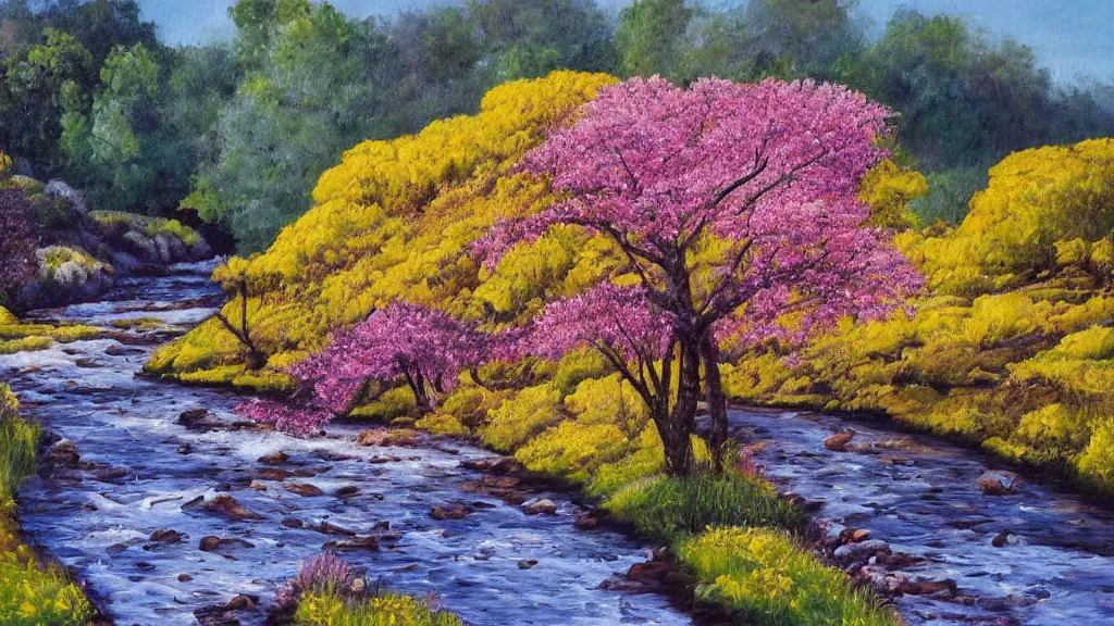 Prompt: A beautiful landscape oil painting of a hill with trees, some people are getting a shower in the river and some others are under the trees, the spring has arrived and the trees are blooming and covered with yellow, pink, purple and red flowers, the river come from the waterfall and is zigzagging and flowing its way, the river has lots of dark grey rocks, by Greg Rutkowski