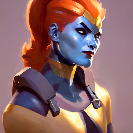 Image similar to greg manchess portrait painting of partially armored mystique as overwatch character, medium shot, asymmetrical, profile picture, organic painting, sunny day, matte painting, bold shapes, hard edges, street art, trending on artstation, by huang guangjian and gil elvgren and sachin teng