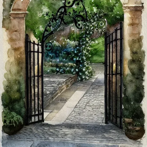 Image similar to delicate, chairs, garden, paved, botanic watercolors, iridescent, 8 k, realistic shaded, fine details, artstation, italian, iron gate, tree, mediterranean, mage