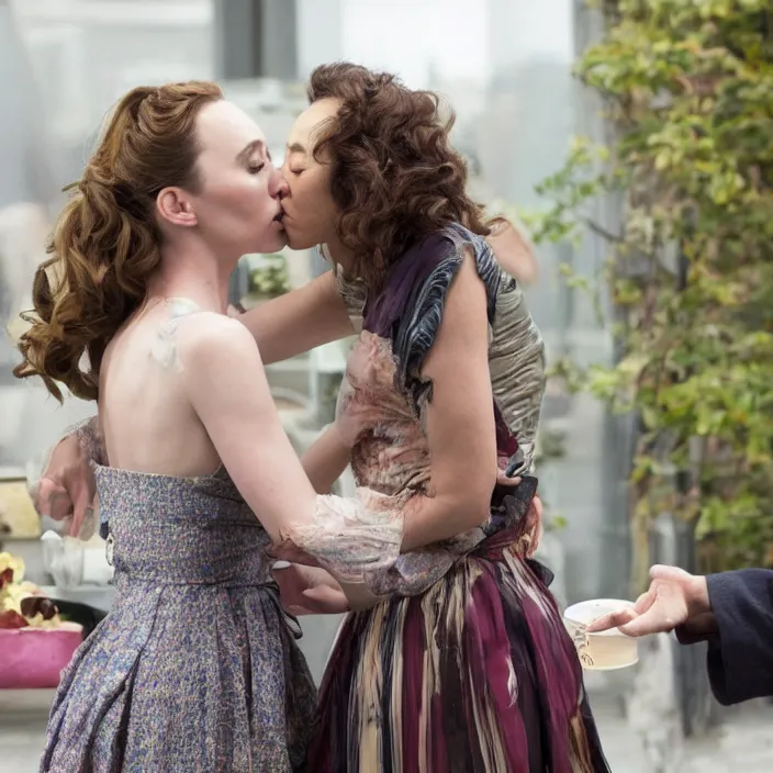 Prompt: jodie comer and sandra oh kiss, beautiful movie stills