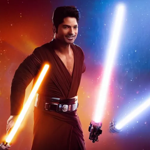 Image similar to Chayanne the singer as a jedi in star wars, holding a lightsabre. splash art, cinematic lighting, dramatic, octane render, long lens, shallow depth of field, bokeh, anamorphic lens flare, 8k, hyper detailed, 35mm film grain