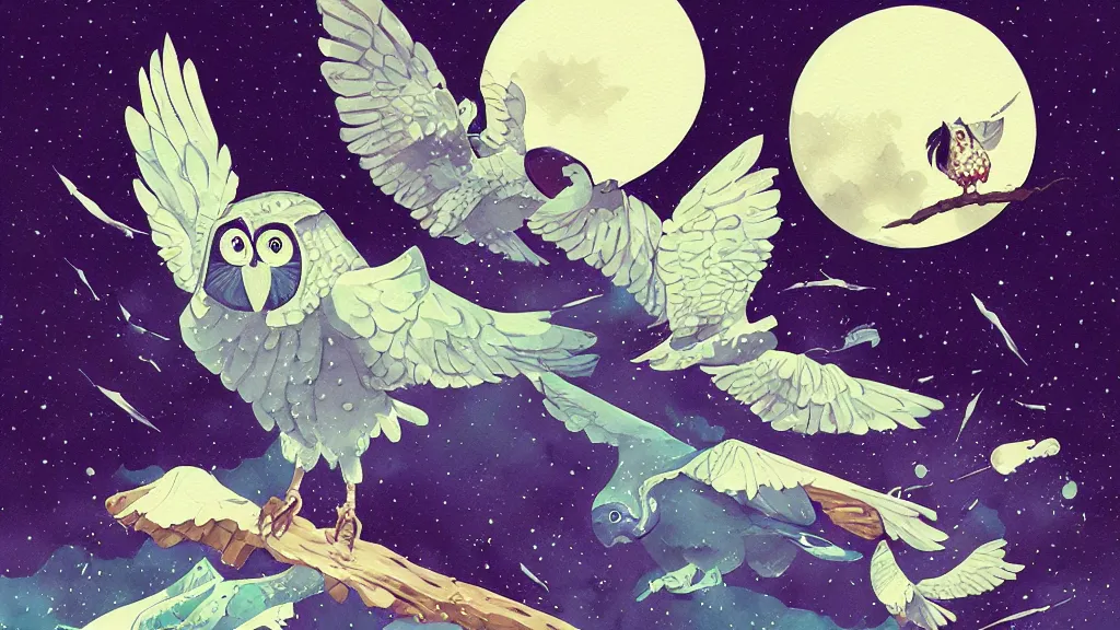 Prompt: very detailed, ilya kuvshinov, mcbess, rutkowski, watercolor illustration of owls flying at night, colorful, unreal engine, deep shadows, astrophotography, highly detailed