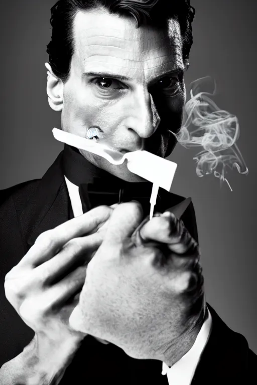 Image similar to patrick bateman smoke opps, high resolution, photorealistic, smooth, details, 4 k, aesthetic lighting, baroque object, sharp focus, hyperdetailed object, professional photography, pullitzer winning, 8 0 0 photo by : canon eos 5 d mark iv, by karah mew and adnan abidi and jodie bateman