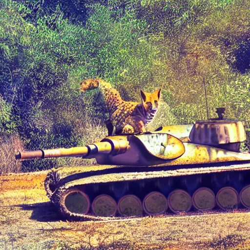Prompt: serval riding a tank, photography, vibrant, bright lighting