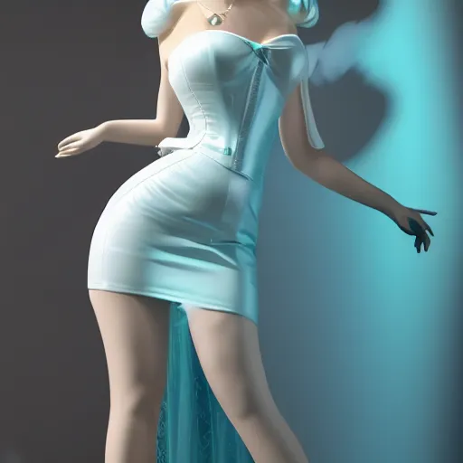 Image similar to an elegant curvy feminine pale goth cutie wearing an elaborate latex-nylon-leather white-cyan dress, thin waist, tube-top dress, cgsociety, photorealistic, 16k, smooth, sharp focus, trending on ArtStation, volumetric lighting, worksafe, sublime-comforting-intriuging ambience