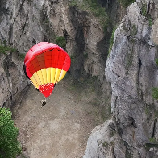 Prompt: a tiger jumping off a cliff with large open ballon parachute