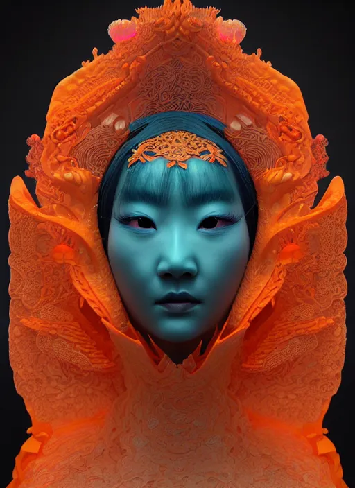 Prompt: 3 d goddess medium shot profile portrait. beautiful intricate highly detailed korean gumiho mask and traditional korean hanbok. stingray, magpie, bioluminescent, plasma, lava, ice, water, wind, creature, fog, artwork by tooth wu and wlop and beeple and greg rutkowski, in the style of hudson river school,