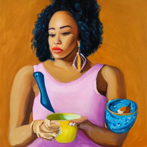 Image similar to Portrait of Doja Cat holding a spoon in her hand, painting of