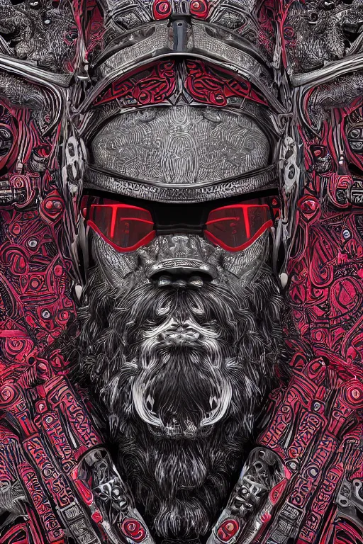 Image similar to robotic viking, handsome and strong, red beard, psychedelics, dmt, detailed intricate, 8 k, cinematic