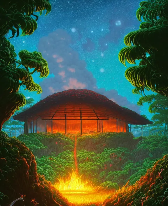 Image similar to simplicity, an simple schoolhouse made out of exotic fungus, overgrown with lush floral jungle, milky way, hellscape, hell, fire, brimstone, lava, by dan mumford, yusuke murata, makoto shinkai, ross tran, cinematic, unreal engine, cel shaded, featured on artstation, pixiv