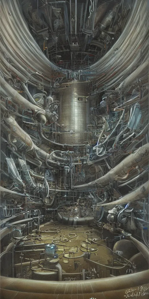 Image similar to Artwork by John Howe of the cinematic view of Helical Propellant Chamber Compression Warehouse.