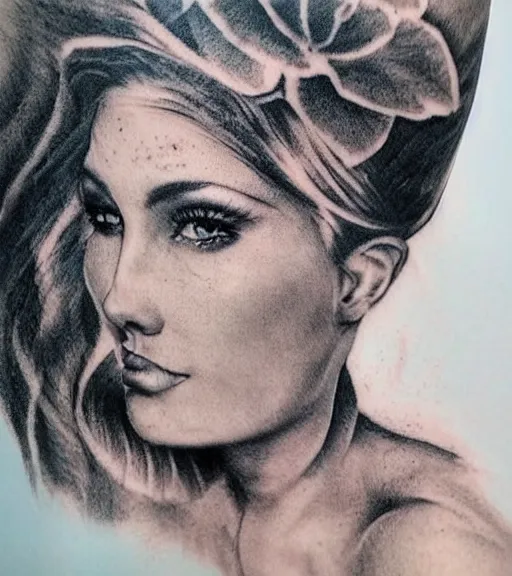 Image similar to tattoo design sketch of a beautiful woman face with a faded background of beautiful mountain nature on her side, hyper - realistic, double exposure with amazing nature, in the style of den yakovlev, amazing detail, black and white, faded