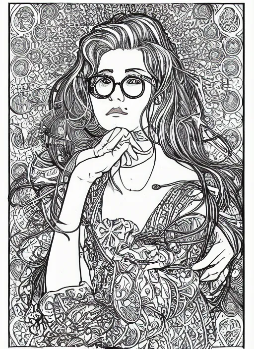 Prompt: clean line art of a woman with light brown hair and glasses sitting on top of a tall pile of books. well composed, clean coloring book page, beautiful detailed face. coloring book line art by johanna basford and alphonse mucha