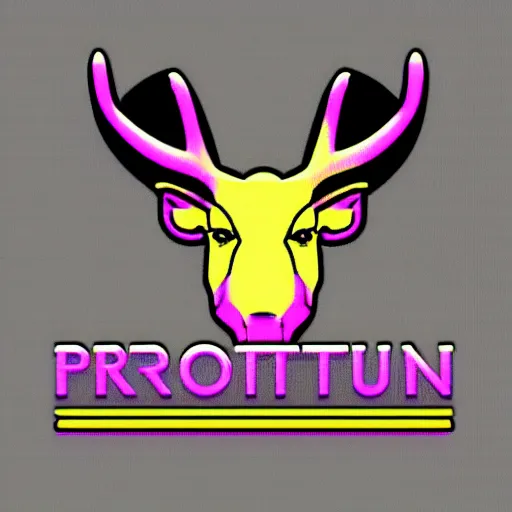 Image similar to logo for corporation called protoneo that involves deer head, symmetrical, retro pink synthwave style, retro sci fi