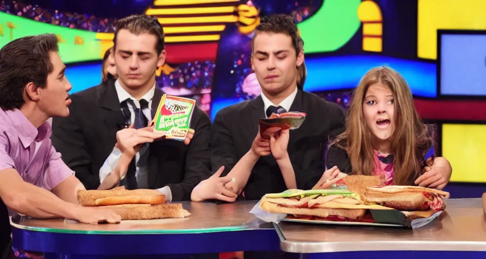 Image similar to girl opens briefcase to reveal a subway sandwich on deal or no deal, contestant is crying, photograph