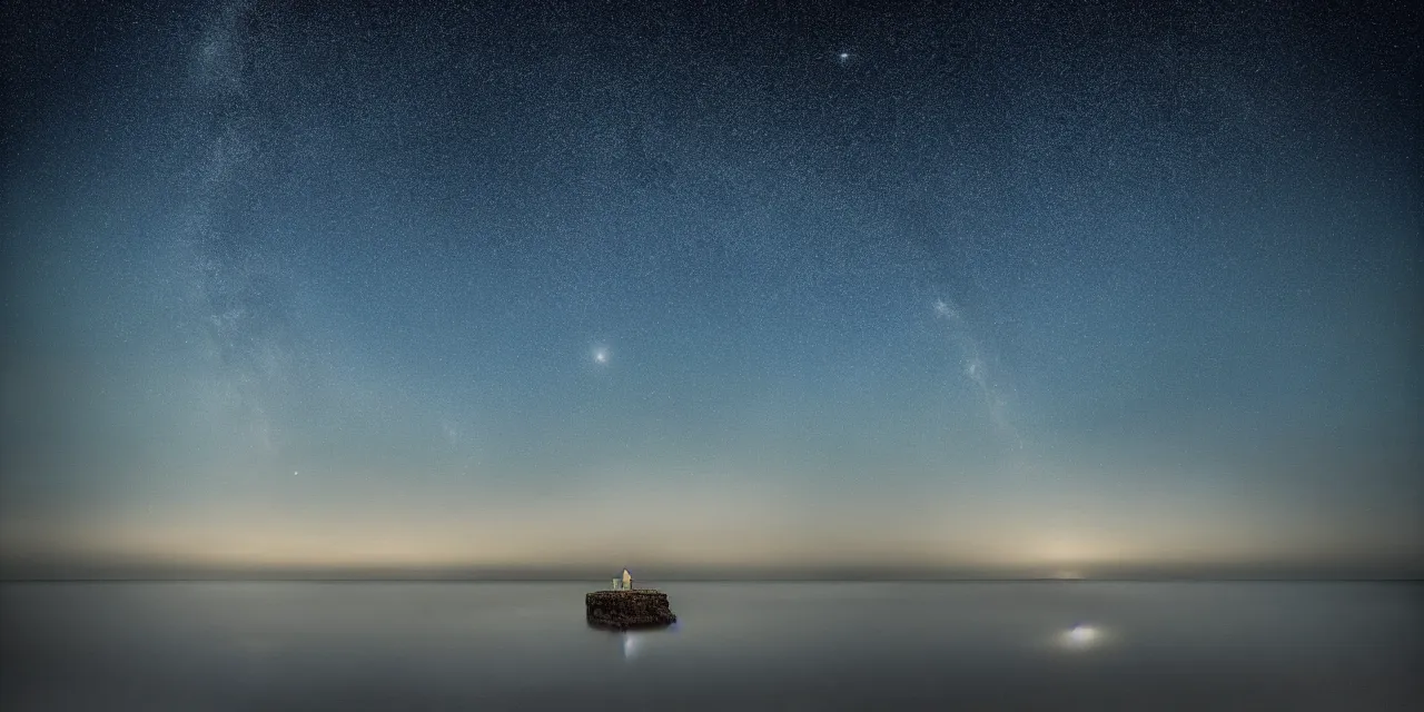 Image similar to a beautiful painting of ultra wide angle blue ocean, dream moon, starry sky, milky way, beach, harbor, castle, dream, by mikko lagerstedt