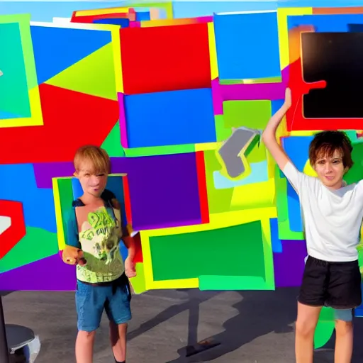 Prompt: photo of (kids with computers)!! outside in the sun, large roblox!! shapes floating all over, bright colors