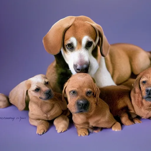 Prompt: 8 0 mm anne geddes photo of a momma dog with her newborn puppies, natural sunlight, indoors, cool colors