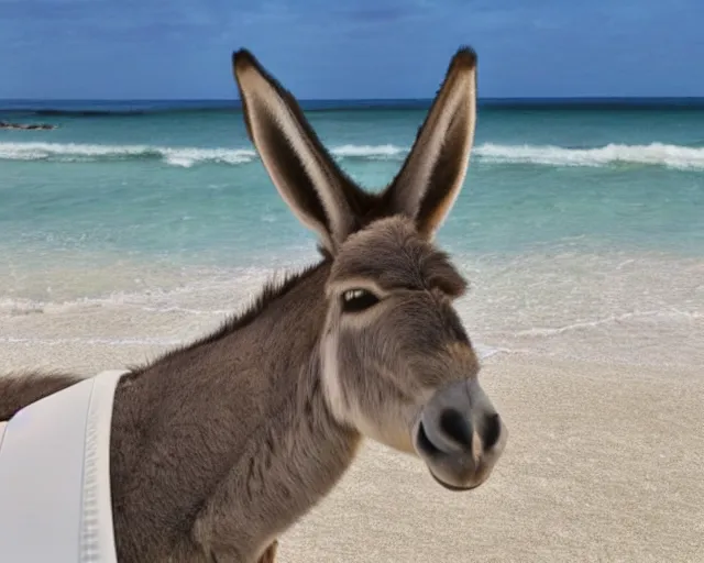 Image similar to realistic photo of a donkey wearing a suit sunbathing on a sunbed at the beach