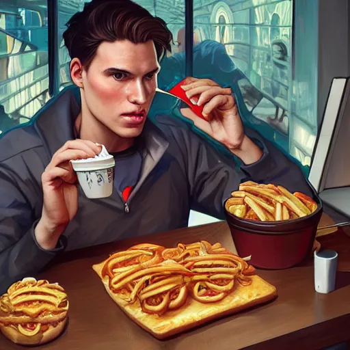 Image similar to youtuber jerma 9 8 5 ordering fastfood, highly detailed, digital painting, artstation, sharp focus, illustration, art by tan zi and ayanamikodon, artgerm and alphonse mucha and wlop