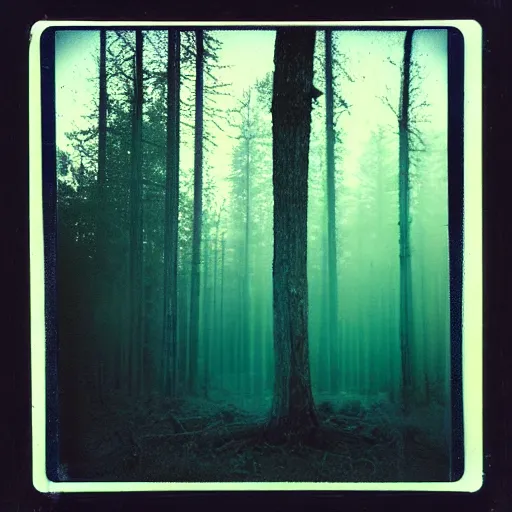 Image similar to concrete structure in a forest clearing at night, neon light, minimalistic architecture, dark, surreal, open space, james turrel, old polaroid, expired film,