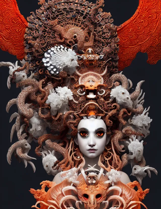 Image similar to 3 d goddess of hell close - up profile portrait with ram skull. beautiful intricately detailed japanese crow kitsune mask and clasical japanese kimono. betta fish, jellyfish phoenix, bio luminescent, plasma, ice, water, wind, creature, artwork by tooth wu and wlop and beeple and greg rutkowski