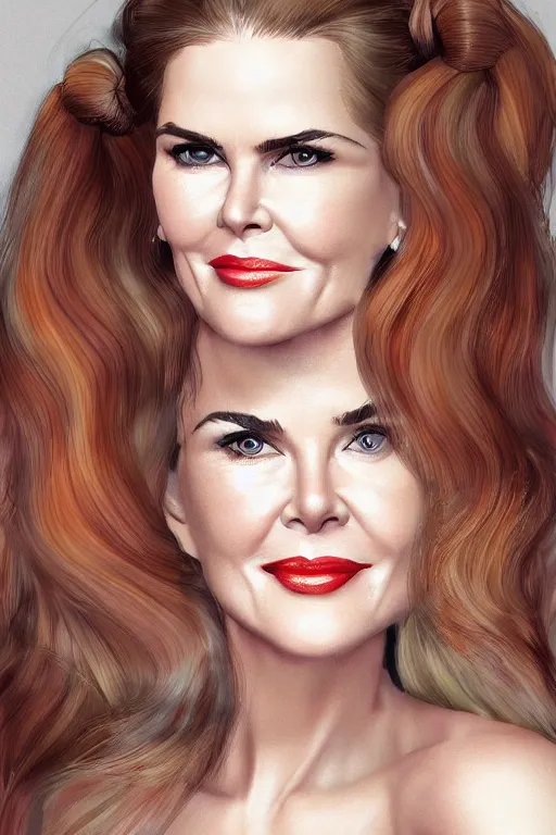 Image similar to mix of beautiful young maria shriver, mariel hemmingway, brooke shields, nicole kidman and elle macpherson as a boa constrictor, thin lips, hair tied up in a pony tail, dark blonde hair, colorful, artstation, cgsociety