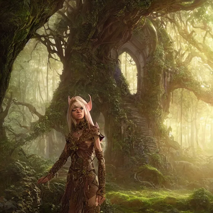 Prompt: intricate detailed portrait of a fantasy female elf on a beautiful forest meadow, temple ruins surrounded by lush forest, morning, art by Tyler Edlin, Artgerm and Greg Rutkowski, atmospheric lighting, dynamic lighting, cgsociety, RPG portrait, octane render, substance painter, iridescent accents