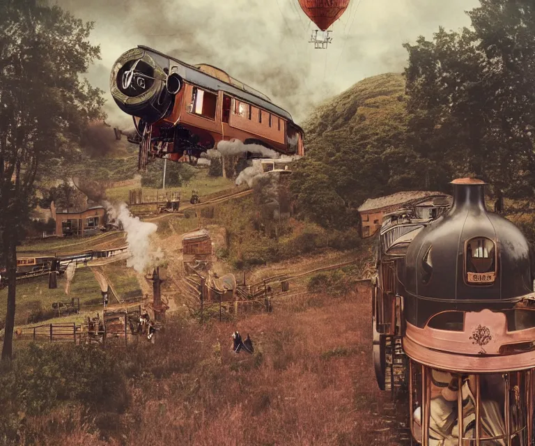 Image similar to steampunk countryside, 1 9 2 0 s, steam trains, blimps, rose gold