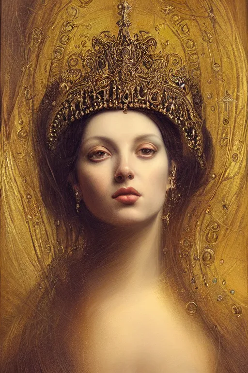 Prompt: hyper realistic painting portrait of veiled queen, occult diagram, elaborate details, detailed face, intrincate ornaments, gold decoration, occult art, oil painting, art noveau, in the style of roberto ferri, gustav moreau, david kassan, bussiere, saturno butto, boris vallejo