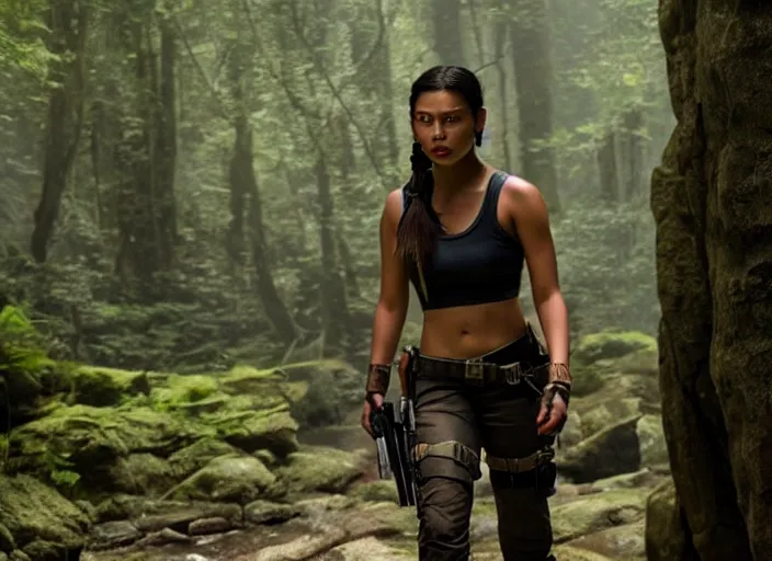 Image similar to film still of!!!! amber midthunder!!! as lara croft in new tomb raider movie, 8 k