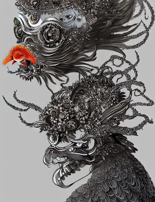 Image similar to goddess macro close - up portrait wigh crown made of ram skull. beautiful intricately detailed japanese crow kitsune mask and clasical japanese kimono. betta fish, jellyfish phoenix, bioluminiscent, plasma, ice, water, wind, creature, artwork by tooth wu and wlop and beeple and greg rutkowski