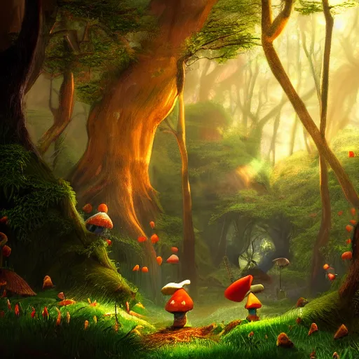 Image similar to tall mysterious woods, realistic gnomes go by their own business, light shining through, mushrooms on the ground, warm lighting, concept art, award winning concept art, Thomas Cole, 4k, 8k,