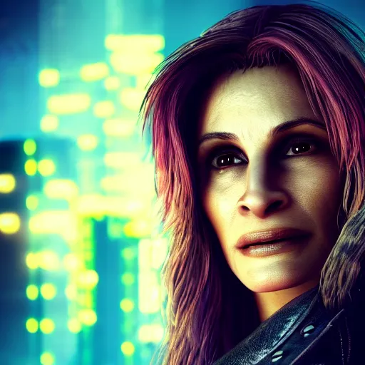 Image similar to julia roberts portrait, cyberpunk 2 0 7 7, cyberpunk rogue amendiares, photorealistic, ultra detailed, neon, octane, bokeh, cinematic lighting, cyber, cyberpunk city, studio quality, feature, scars, cyberface, 8 k