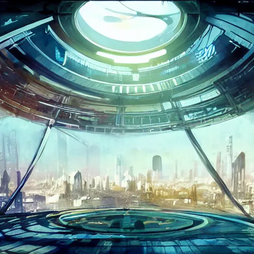 Image similar to centered circular derelict portal in a middle of a futuristic cityscape located under a bridgeway, world seen only through a portal, daylight, cinematic perspective, cinematic lighting, blue sky, syd mead, john harris, symmetrical