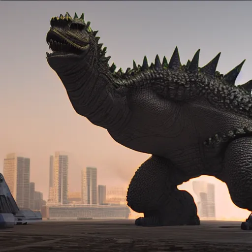 Image similar to hard surface, robotic platform, based on godzilla, 6 claws, symmetric, unreal engine