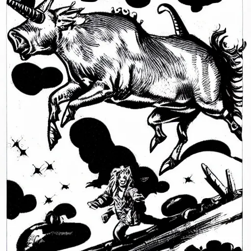 Image similar to winged flying pig with unicorn horn richard corben style black and white