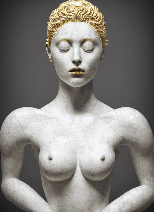 Image similar to a statue made of white marble with gold veins, of an beautiful gorgeous angel girl, full body shot, perfect symmetrical body, perfect symmetrical face, no eyes, hyper realistic, hyper detailed, fujicolor superia 1 6 0 0 photo, by johannen voss, by peter kemp, by monia merlo, by michelangelo octane render, blender, 8 k