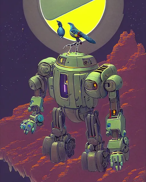 Image similar to bastion the friendly robot from overwatch, with his pet bird, character portrait, portrait, close up, concept art, intricate details, highly detailed, vintage sci - fi poster, retro future, in the style of chris foss, rodger dean, moebius, michael whelan, katsuhiro otomo, and gustave dore